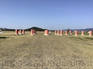 On the large site, red columns stand on the ruins of the building's pillars.